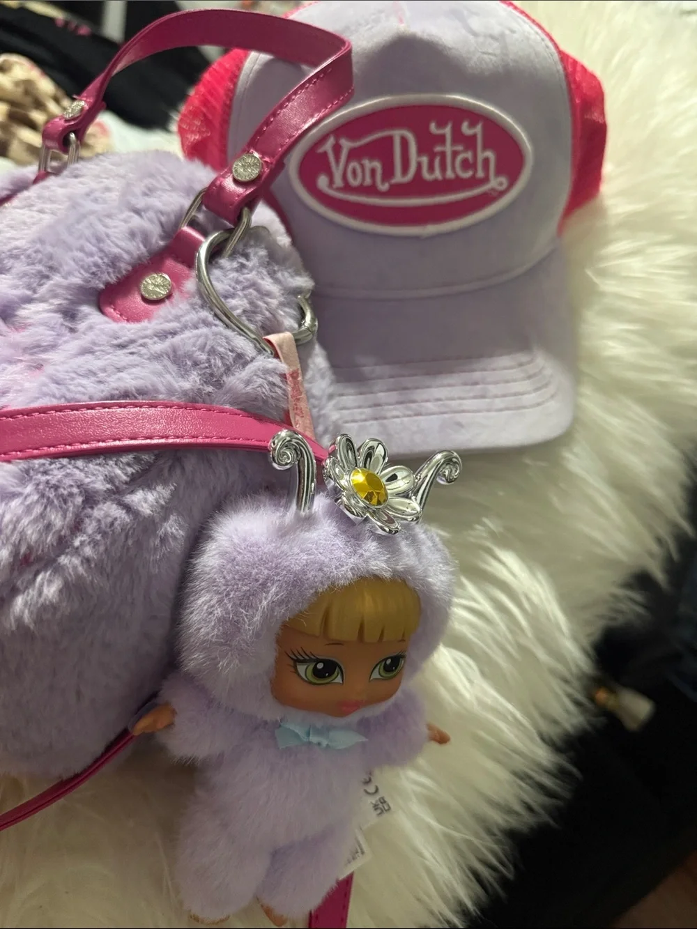 Von Dutch pink Purple fuzzy bag bratz Doll Keychain & Von Dutch Pink purple hat